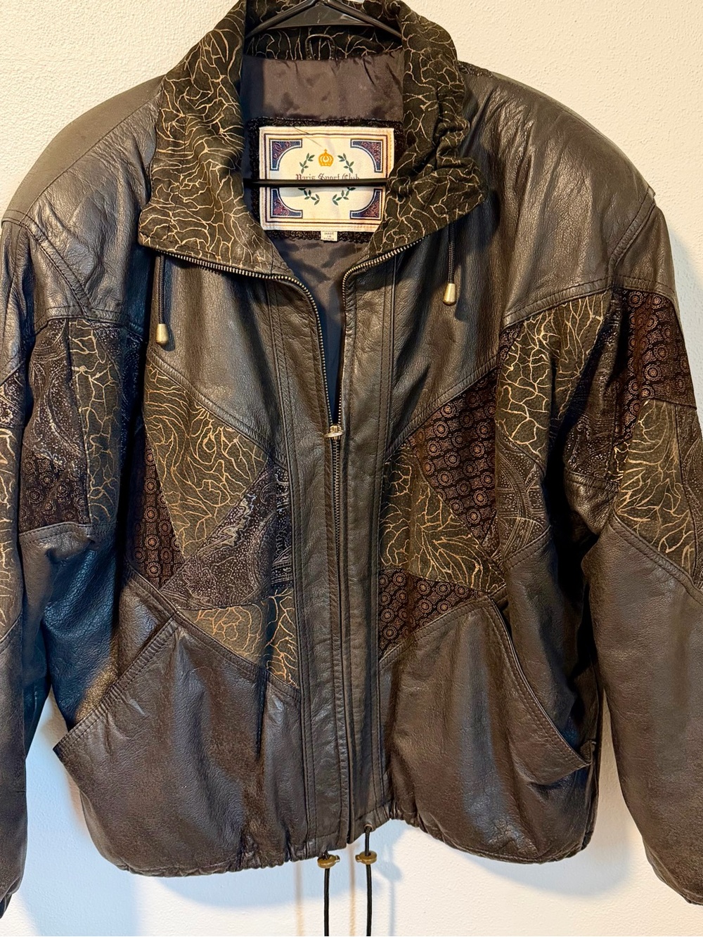 Vintage Leather Jacket Womens Large Brown Gold Patchwork Bomber Style 90s Korea